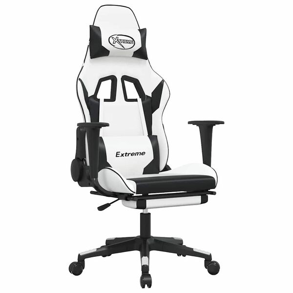 vidaXL Silla gaming masaje y reposapi&eacute;s cuero sint&eacute;tico negro blanco