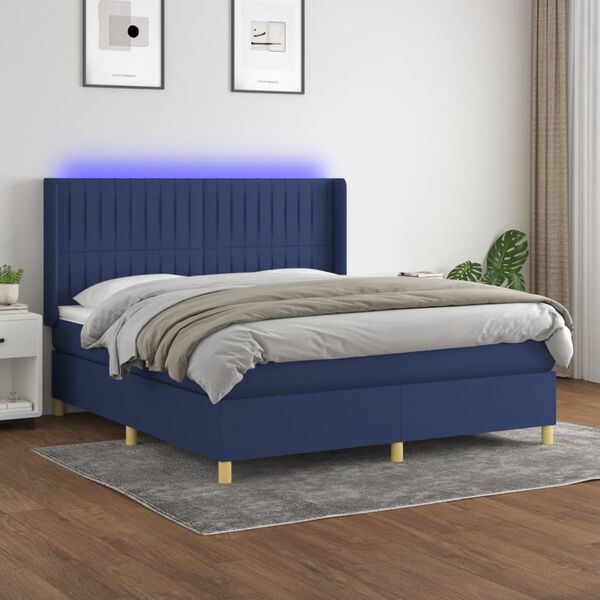 vidaXL Cama box spring colch&oacute;n y luces LED tela azul 180x200 cm