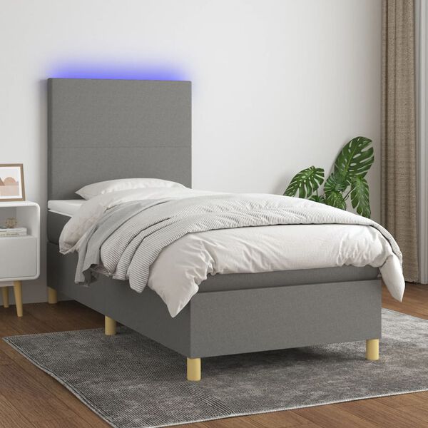 vidaXL Cama box spring colch&oacute;n y luces LED tela gris oscuro 90x200 cm