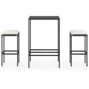 vidaXL Mesa y taburetes altos jardín y cojines 3 pzas ratán PE negro