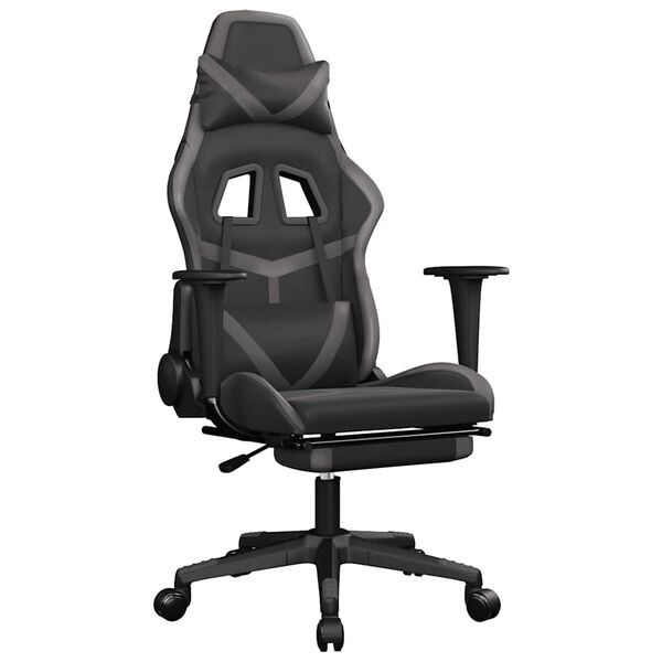 vidaXL Silla gaming de masaje y reposapiés cuero sintético negro gris