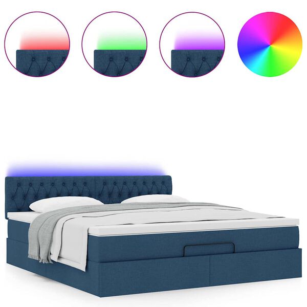 vidaXL Cama otomana con colch&oacute;n y luces LED tela azul 180x200cm