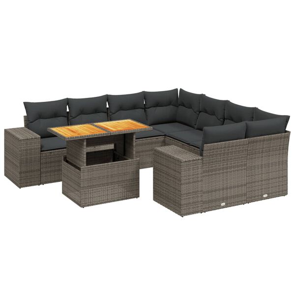 vidaXL Set de muebles de jard&iacute;n 9 pzas y cojines rat&aacute;n sint&eacute;tico gris