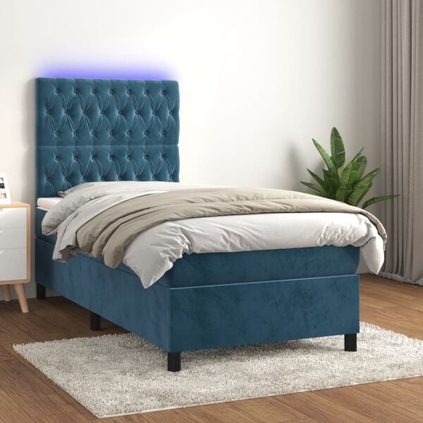 vidaXL Cama box spring colch&oacute;n y LED terciopelo azul oscuro 100x200 cm