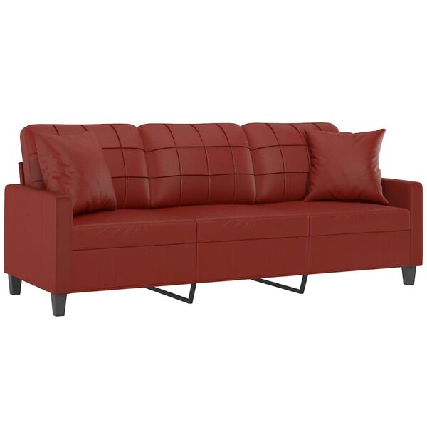 vidaXL Sof&aacute; 3 plazas almohadas y cojines cuero sint&eacute;tico rojo tinto