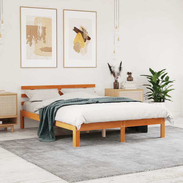 vidaXL Cama sin colch&oacute;n madera maciza de pino marr&oacute;n cera 140x200 cm