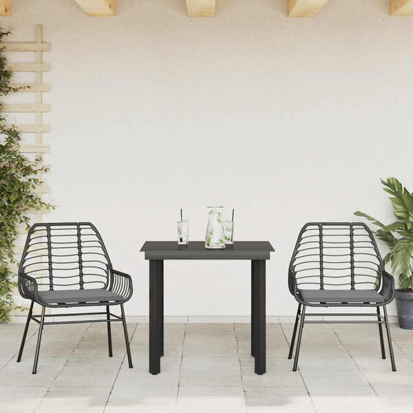 vidaXL Set comedor jardín 3 pzas cojines ratán sintético vidrio negro