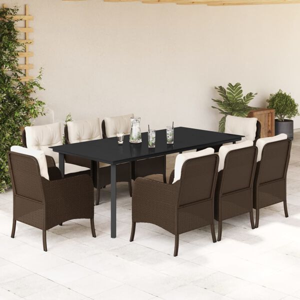 vidaXL Set comedor para jard&iacute;n 9 pzas y cojines rat&aacute;n sint&eacute;tico marr&oacute;n