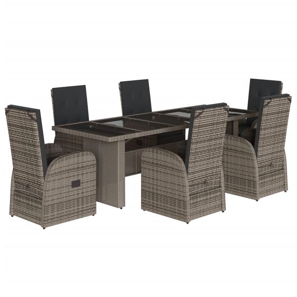 vidaXL Set comedor jard&iacute;n 7 pzas y cojines rat&aacute;n sint&eacute;tico gris
