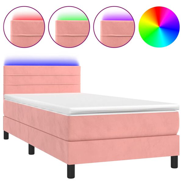 vidaXL Cama box spring colch&oacute;n y LED terciopelo rosa 100x200 cm