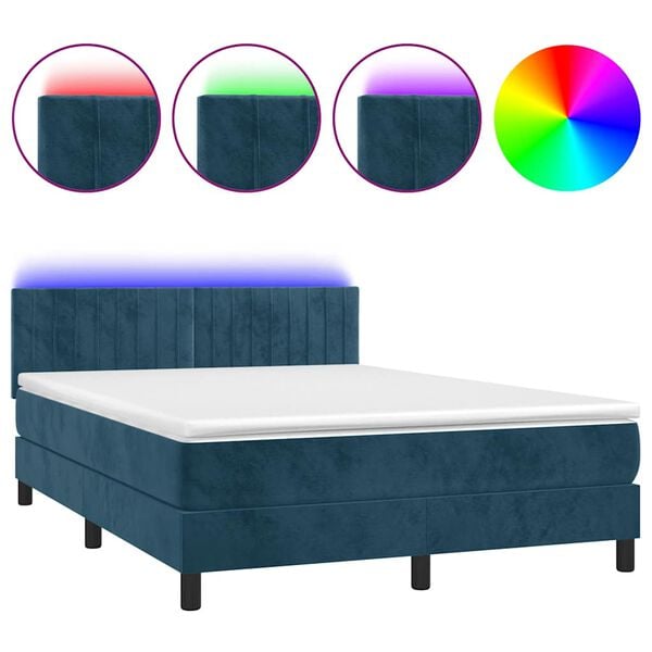 vidaXL Cama box spring colch&oacute;n y LED terciopelo azul oscuro 140x200 cm