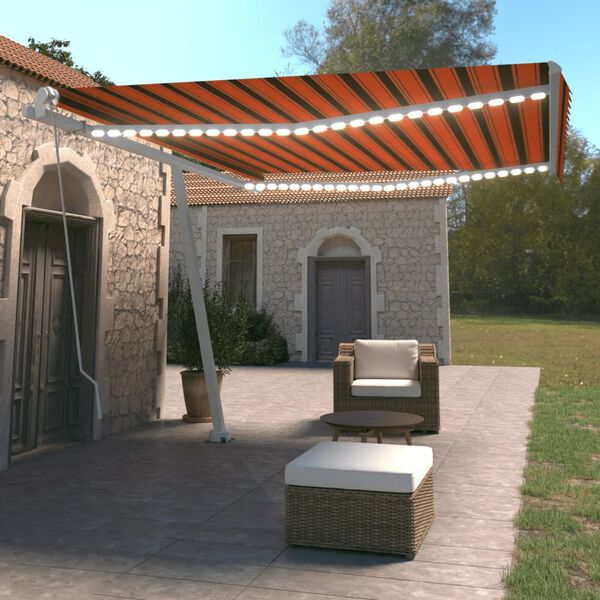 vidaXL Toldo manual retr&aacute;ctil con luz LED naranja y marr&oacute;n 450x350 cm