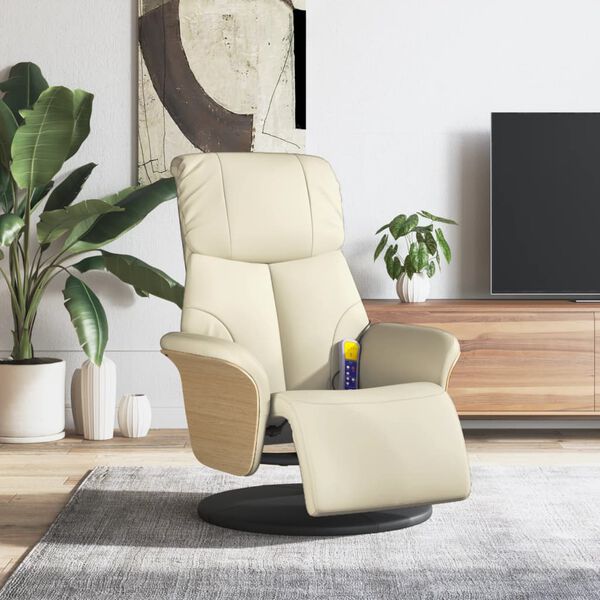 vidaXL Sillón reclinable masaje con reposapiés cuero sintético crema