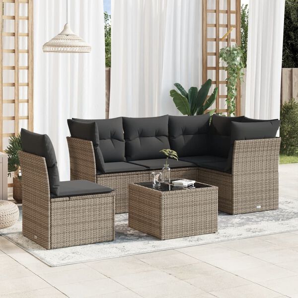 vidaXL Set de muebles de jard&iacute;n 6 pzas y cojines rat&aacute;n sint&eacute;tico gris