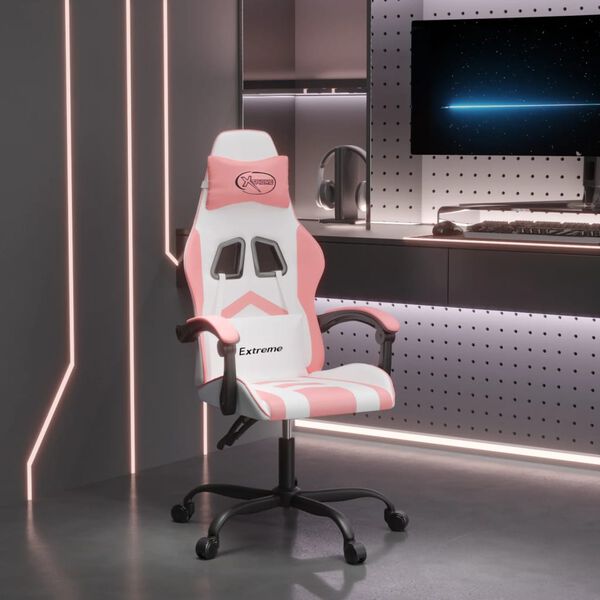 vidaXL Silla gaming giratoria cuero sint&eacute;tico blanco y rosa