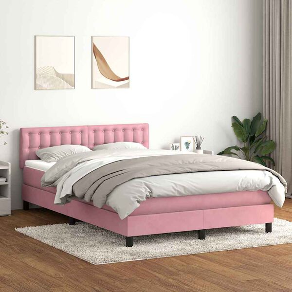 vidaXL Cama box spring con colch&oacute;n y LED terciopelo rosa 140x220 cm
