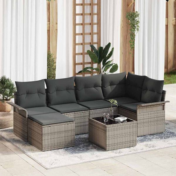 vidaXL Conjunto de sof&aacute; de jard&iacute;n 7 pcs Gris rat&aacute;n sint&eacute;tico