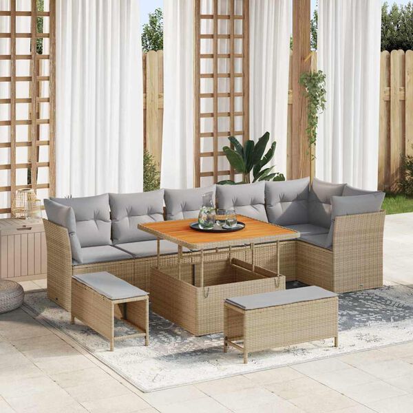 vidaXL Conjunto de sof&aacute; de jard&iacute;n con coj&iacute;n 9 pcs beige y gris claro