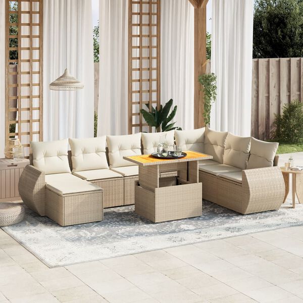 vidaXL Set de sof&aacute;s de jard&iacute;n 9 pzas con cojines rat&aacute;n sint&eacute;tico beige