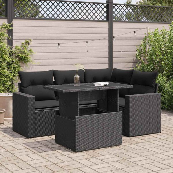 vidaXL Set de muebles de jard&iacute;n 5 pzas y cojines rat&aacute;n sint&eacute;tico negro