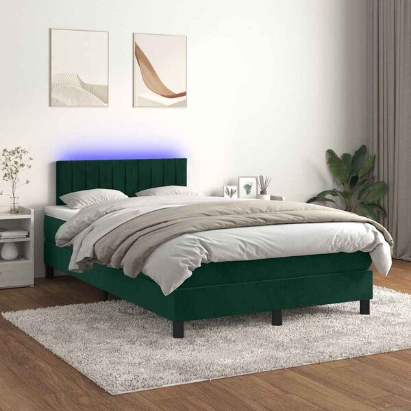 vidaXL Cama box spring colch&oacute;n y LED terciopelo verde oscuro 120x200cm