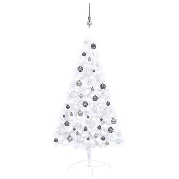 vidaXL Medio árbol de Navidad con luces y bolas blanco 120 cm