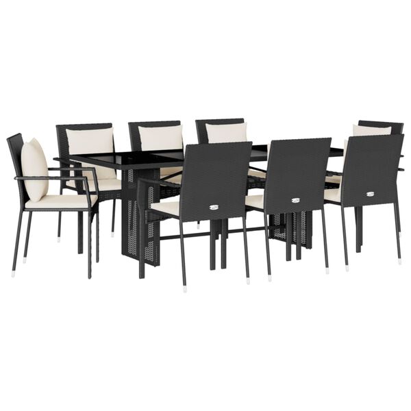 vidaXL Set de comedor de jard&iacute;n 9 pzas y cojines rat&aacute;n sint&eacute;tico negro