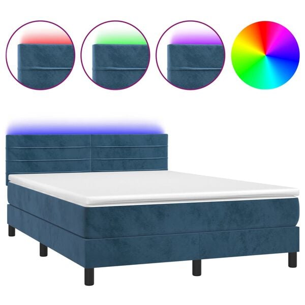vidaXL Cama box spring colch&oacute;n y LED terciopelo azul oscuro 140x200 cm