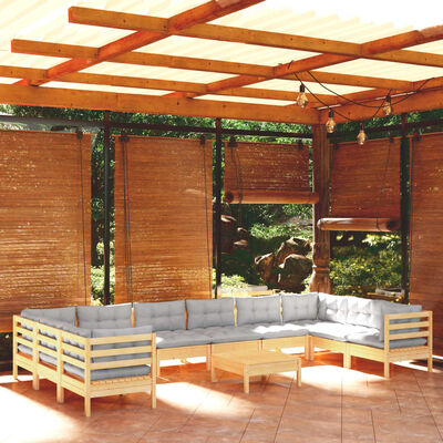vidaXL Juego de muebles de jardín 11 pzas y cojines madera pino gris
