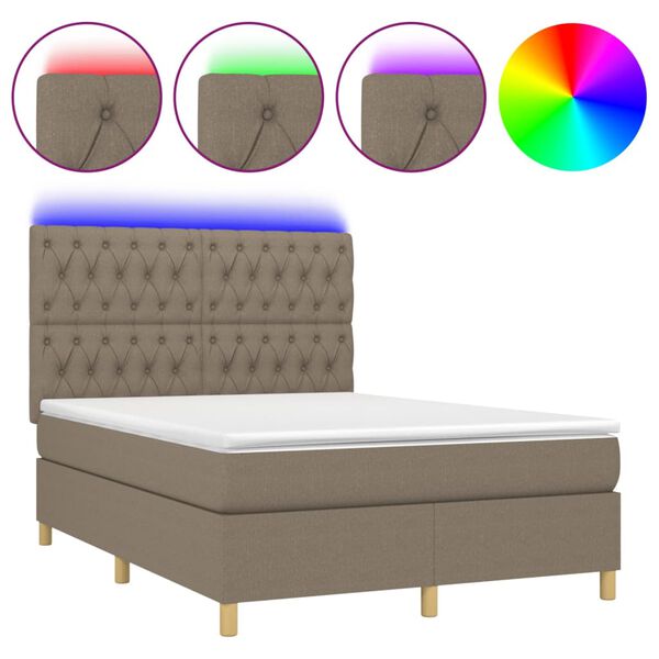 vidaXL Cama box spring colch&oacute;n y luces LED tela gris taupe 140x200 cm