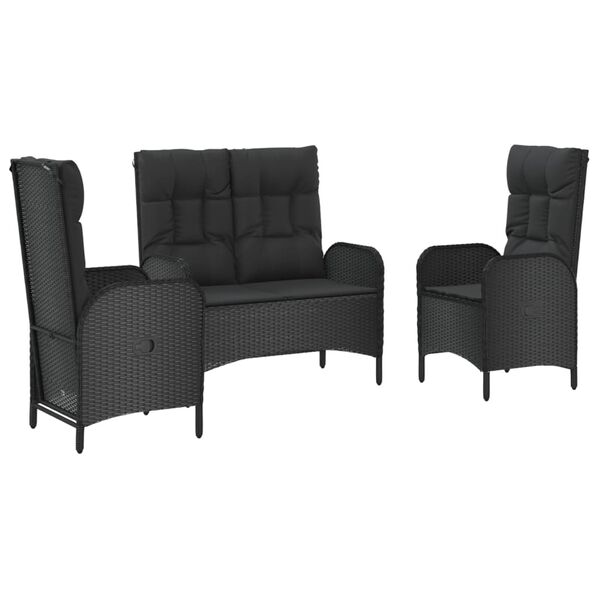 vidaXL Set comedor de jard&iacute;n 3 pzas con cojines rat&aacute;n sint&eacute;tico negro