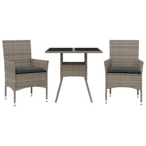 vidaXL Set comedor jard&iacute;n 3 pzas y cojines rat&aacute;n sint&eacute;tico vidrio gris