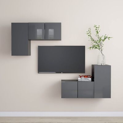 vidaXL Muebles de TV de salón 4 pzas madera de ingeniería gris brillo