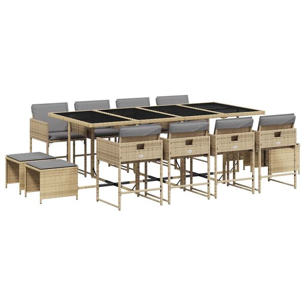 vidaXL Set comedor de jard&iacute;n con cojines 13 pzas rat&aacute;n sint&eacute;tico beige