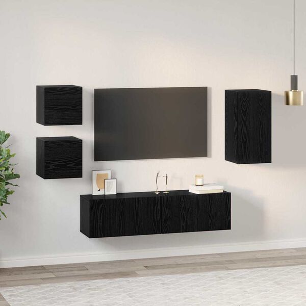 vidaXL Conjunto de mueble de TV 5 pcs Roble Negro Madera de ingenier&iacute;a
