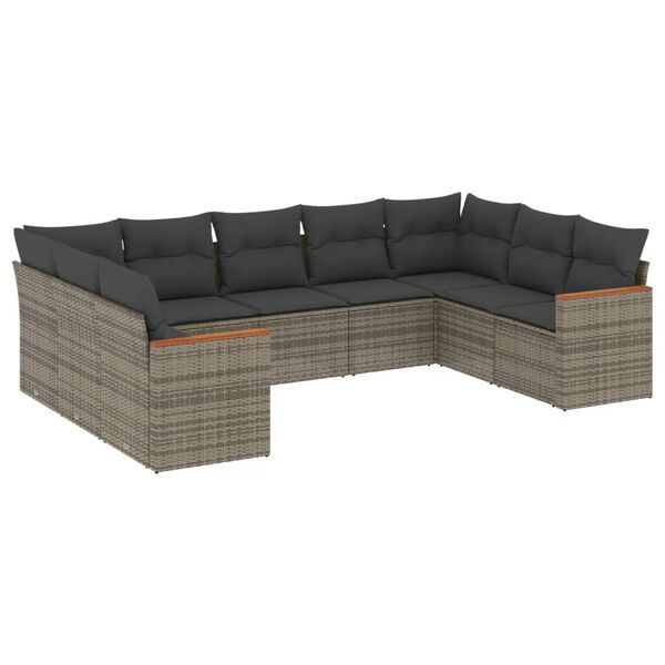 vidaXL Set de muebles de jard&iacute;n 9 pzas y cojines rat&aacute;n sint&eacute;tico gris