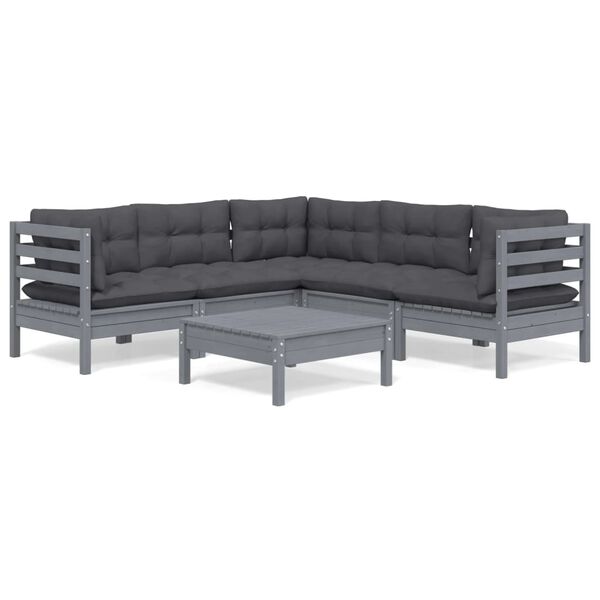 vidaXL Muebles de jard&iacute;n 6 pzas y cojines madera maciza de pino gris