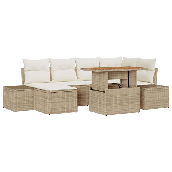 vidaXL Conjunto de sof&aacute; de jard&iacute;n 7 pcs Beige Polirat&aacute;n