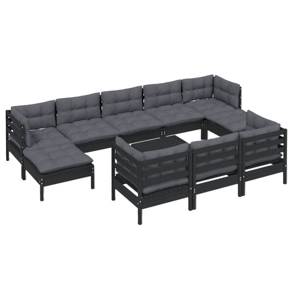 vidaXL Muebles de jard&iacute;n 11 pzas y cojines negro madera maciza de pino