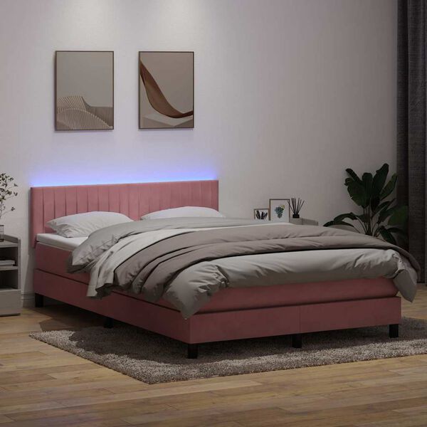 vidaXL Cama box spring con colch&oacute;n y LED terciopelo rosa 140x210 cm