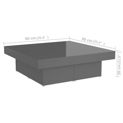 vidaXL Mesa de centro madera contrachapada gris brillante 90x90x28 cm