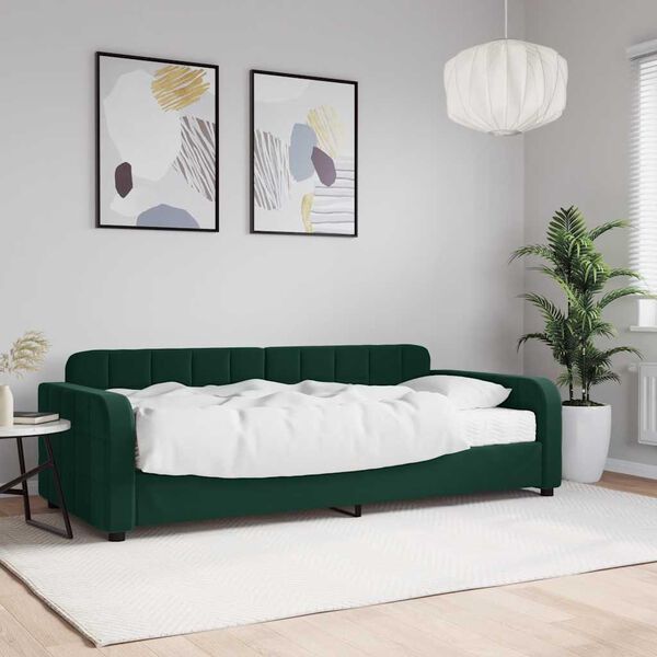 vidaXL Sof&aacute; cama con colch&oacute;n terciopelo verde oscuro 90x200 cm