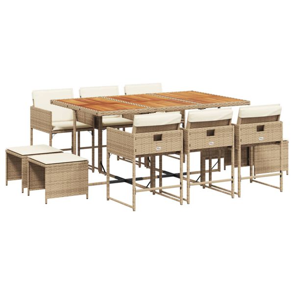 vidaXL Set comedor de jard&iacute;n 11 pzas con cojines rat&aacute;n sint&eacute;tico beige