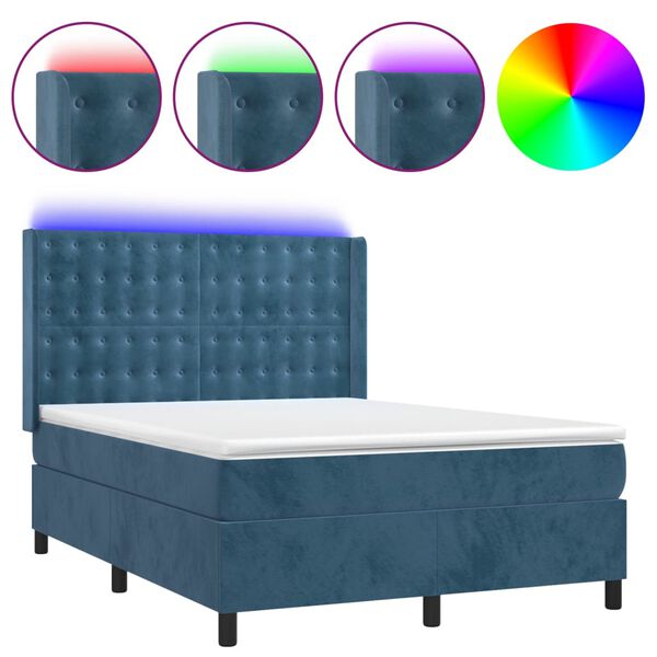 vidaXL Cama box spring colch&oacute;n y LED terciopelo azul oscuro 140x190 cm