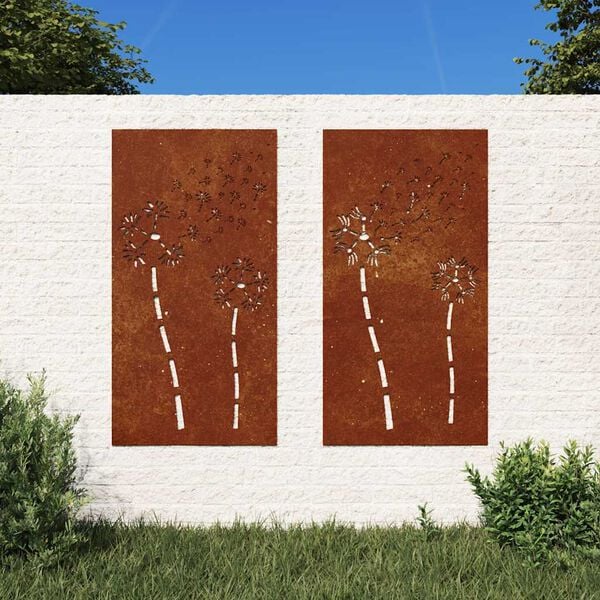 vidaXL Adorno pared jard&iacute;n 2 uds acero corten dise&ntilde;o flores 105x55 cm