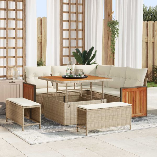 vidaXL Conjunto de sof&aacute;s de jard&iacute;n 9 pcs Beige y Crema rat&aacute;n sint&eacute;tico