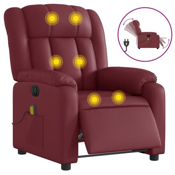 vidaXL Sillón masaje reclinable eléctrico cuero sintético rojo tinto