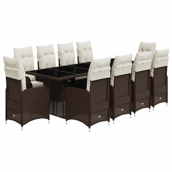 vidaXL Set de mesa y sillas de jard&iacute;n 11 pzs y cojines rat&aacute;n PE marr&oacute;n