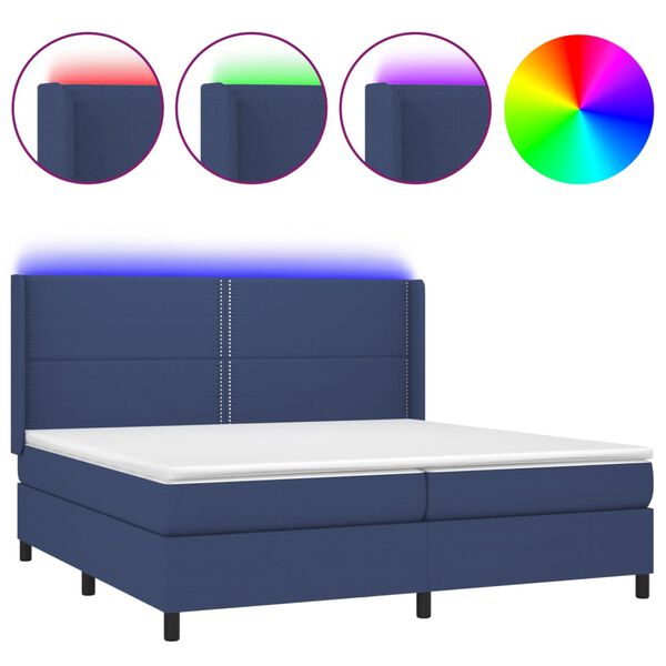 vidaXL Cama box spring colch&oacute;n y luces LED tela azul 200x200 cm