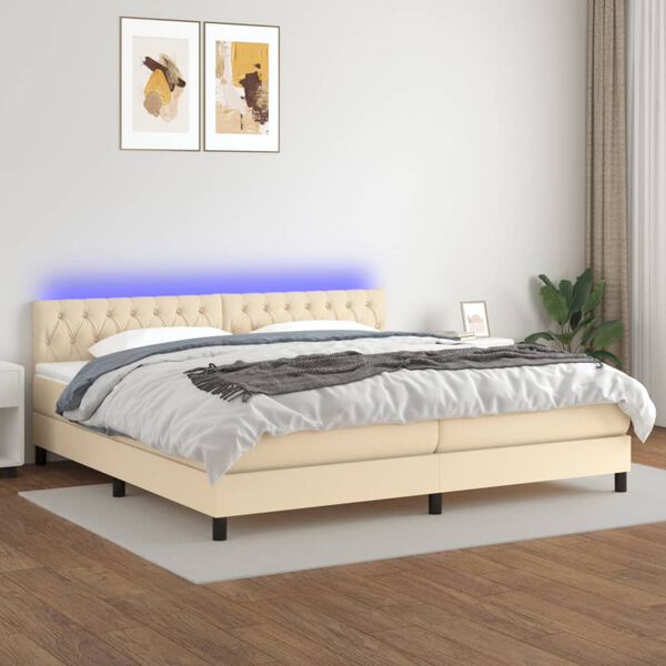 vidaXL Cama box spring colch&oacute;n y luces LED tela crema 200x200 cm